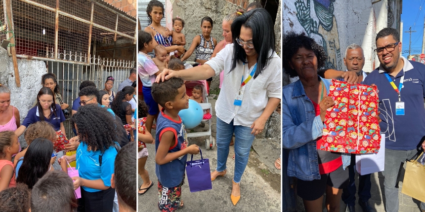 Fotos da ação. Funcionarios da Renapsi entregando presentes e doces. 